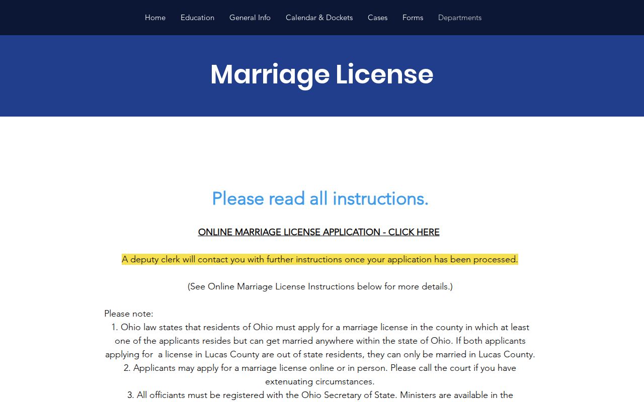 Springfield Township residents directory Lucas Probate marriage license information