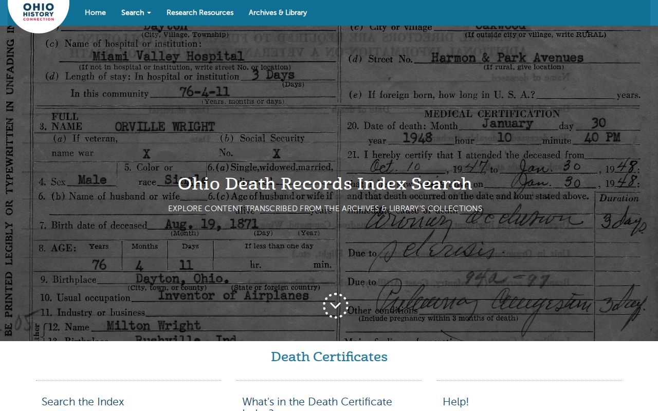 Springfield Township previous residents Ohio historical death index